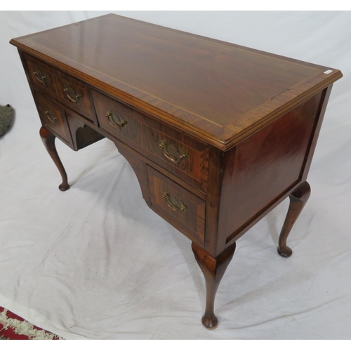 110 - Edwardian inlaid & crossbanded mahogany lowboy with two long & two short drawers, brass drop handles... 