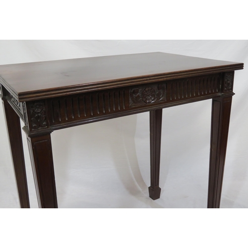 119 - Regency style oblong occasional table with reeded borders & frieze, foliate carving, on square taper... 