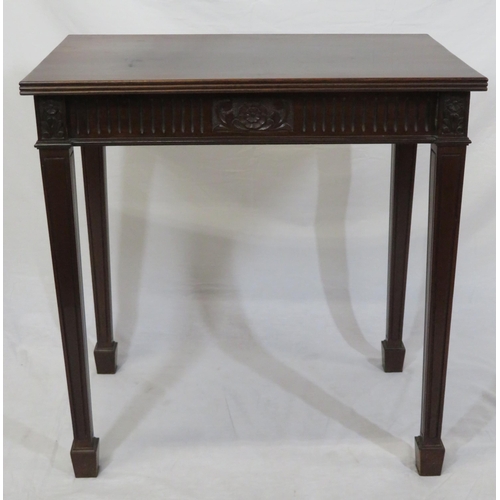 119 - Regency style oblong occasional table with reeded borders & frieze, foliate carving, on square taper... 