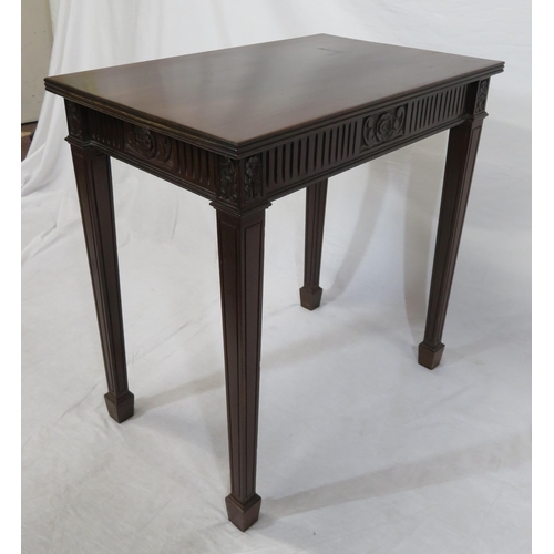 119 - Regency style oblong occasional table with reeded borders & frieze, foliate carving, on square taper... 