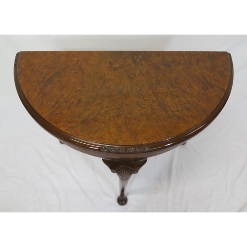 130 - Victorian walnut demi-lune card table with fold-over top, pull-out support, baize playing surface, o... 