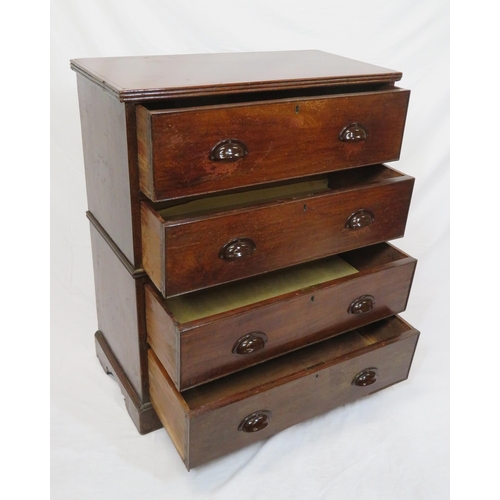 135 - Edwardian 2-section campaign chest of four drawers with cup handles, on bracket feet