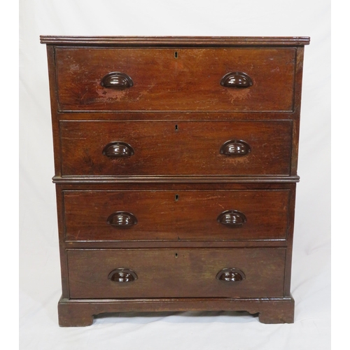 135 - Edwardian 2-section campaign chest of four drawers with cup handles, on bracket feet