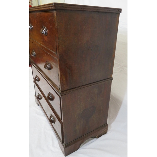 135 - Edwardian 2-section campaign chest of four drawers with cup handles, on bracket feet