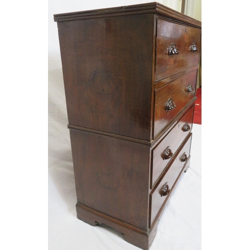 135 - Edwardian 2-section campaign chest of four drawers with cup handles, on bracket feet