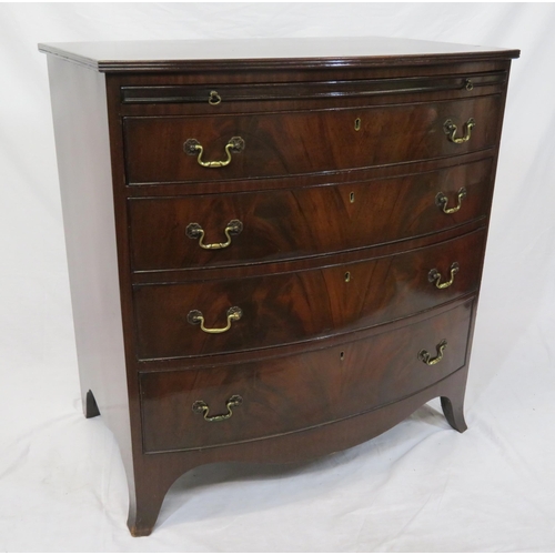 140 - Victorian mahogany bow fronted bachelors chest with pull-out shelf, four drawers with brass drop han... 