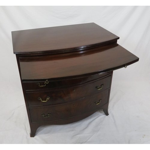 140 - Victorian mahogany bow fronted bachelors chest with pull-out shelf, four drawers with brass drop han... 