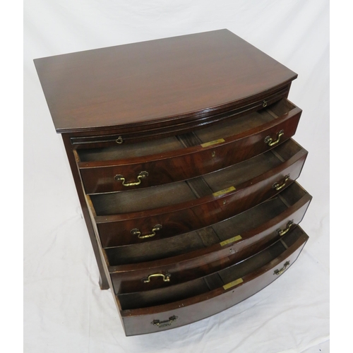 140 - Victorian mahogany bow fronted bachelors chest with pull-out shelf, four drawers with brass drop han... 