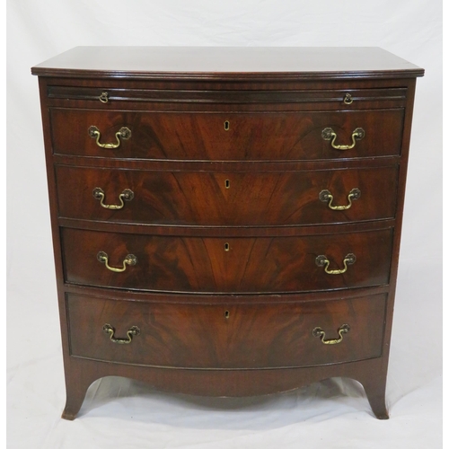 140 - Victorian mahogany bow fronted bachelors chest with pull-out shelf, four drawers with brass drop han... 