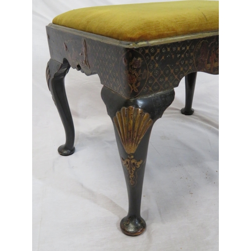 144 - Victorian ebonised Chinoiserie stool with upholstered drop-in seat, decorated with figures & foliage... 