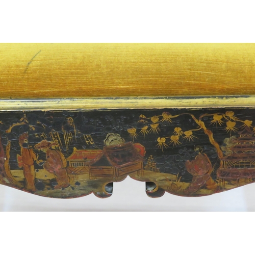 144 - Victorian ebonised Chinoiserie stool with upholstered drop-in seat, decorated with figures & foliage... 