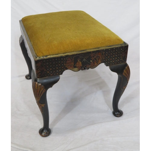 144 - Victorian ebonised Chinoiserie stool with upholstered drop-in seat, decorated with figures & foliage... 