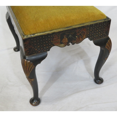 144 - Victorian ebonised Chinoiserie stool with upholstered drop-in seat, decorated with figures & foliage... 