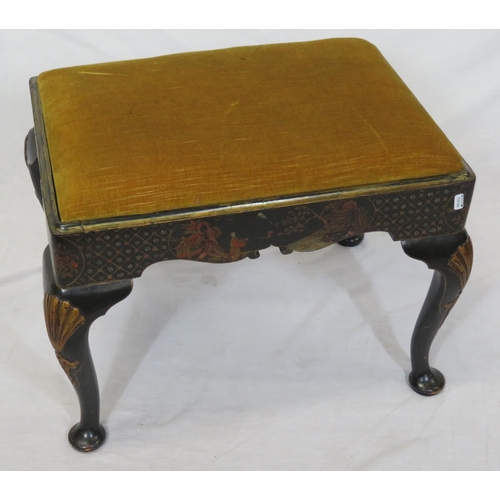 144 - Victorian ebonised Chinoiserie stool with upholstered drop-in seat, decorated with figures & foliage... 