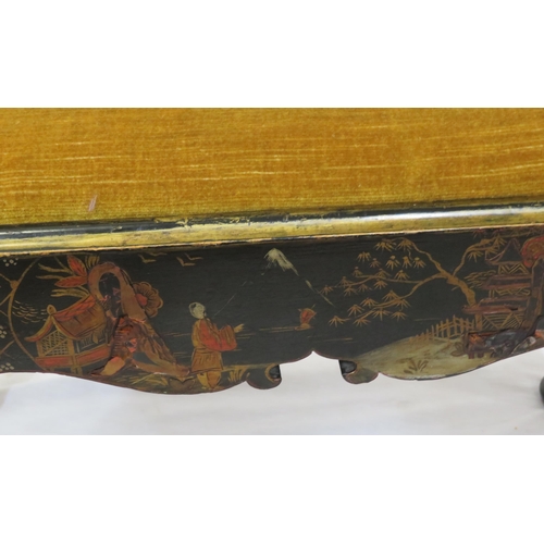 144 - Victorian ebonised Chinoiserie stool with upholstered drop-in seat, decorated with figures & foliage... 