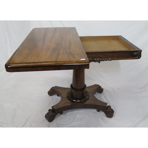 155 - William IV rosewood card table with swivel fold-over top, round playing surface, on turned tapering ... 