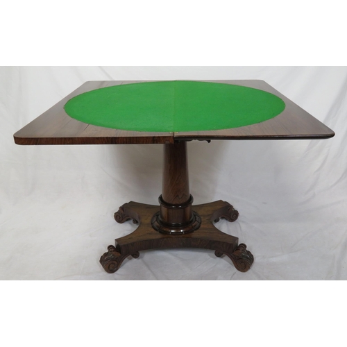 155 - William IV rosewood card table with swivel fold-over top, round playing surface, on turned tapering ... 