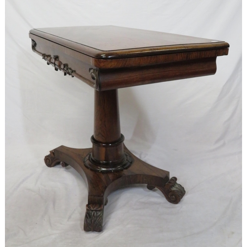 155 - William IV rosewood card table with swivel fold-over top, round playing surface, on turned tapering ... 