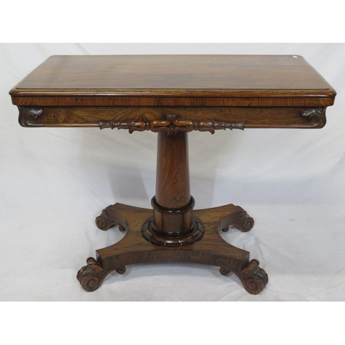 155 - William IV rosewood card table with swivel fold-over top, round playing surface, on turned tapering ... 