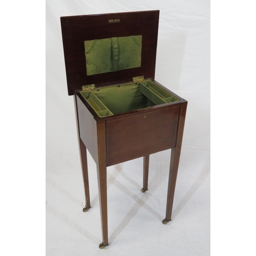 159 - Edwardian inlaid mahogany sewing or work table with fitted lined interior, on square inlaid tapering... 