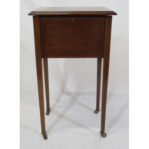 159 - Edwardian inlaid mahogany sewing or work table with fitted lined interior, on square inlaid tapering... 