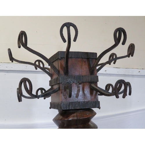 165 - Ornate Arts & Crafts coat & hat stand converted from juice press with wrought iron horse shoe hanger... 