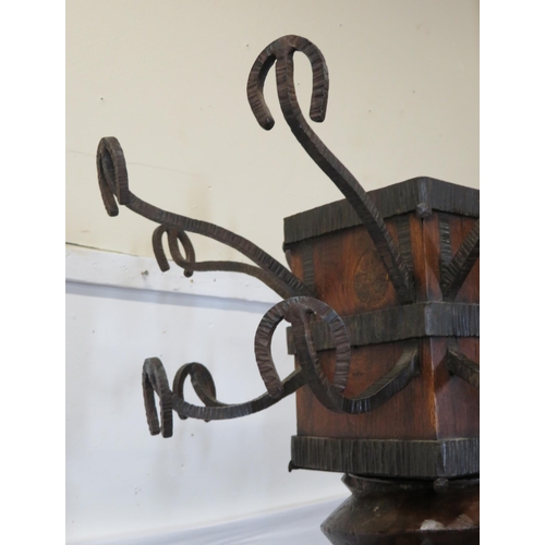 165 - Ornate Arts & Crafts coat & hat stand converted from juice press with wrought iron horse shoe hanger... 