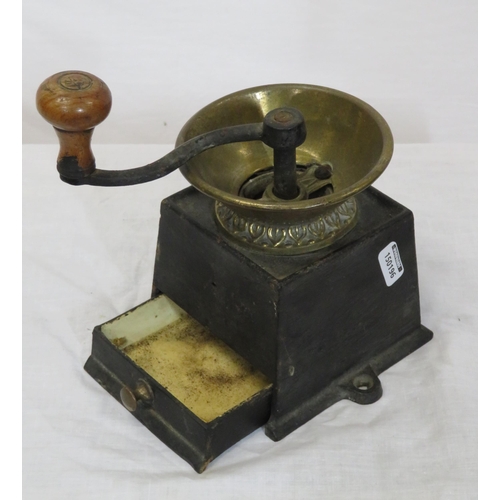 168 - Victorian metal & brass coffee grinder with shaped handle & drawer