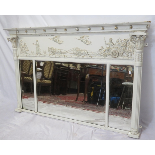 169 - Regency style painted overmantle with three bevelled mirror insets and figured Roman decoration