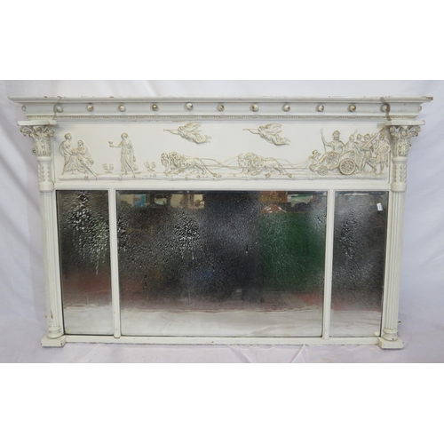 169 - Regency style painted overmantle with three bevelled mirror insets and figured Roman decoration