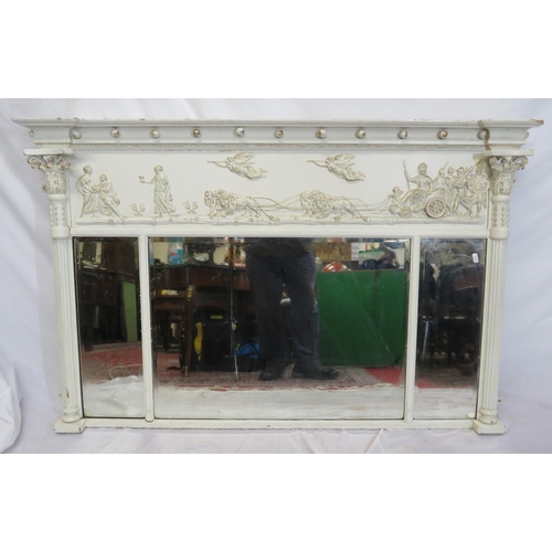 169 - Regency style painted overmantle with three bevelled mirror insets and figured Roman decoration