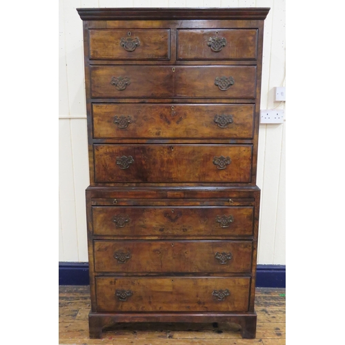 170 - Georgian walnut chest on chest with pull-out shelf, two short & six long drawers with drop handles &... 