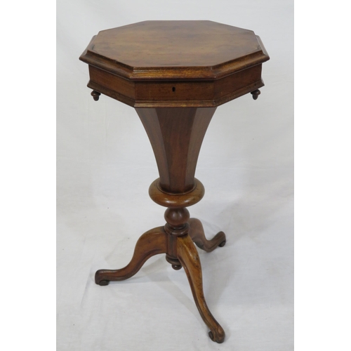 174 - William IV mahogany hexagonal shaped sewing table with lift-up lid, lined interior, on turned column... 