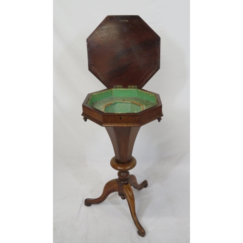 174 - William IV mahogany hexagonal shaped sewing table with lift-up lid, lined interior, on turned column... 