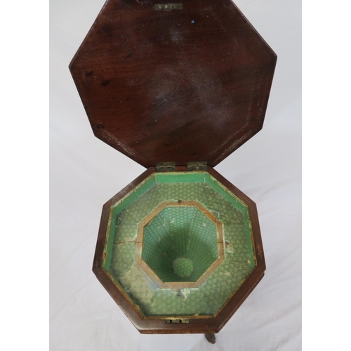 174 - William IV mahogany hexagonal shaped sewing table with lift-up lid, lined interior, on turned column... 