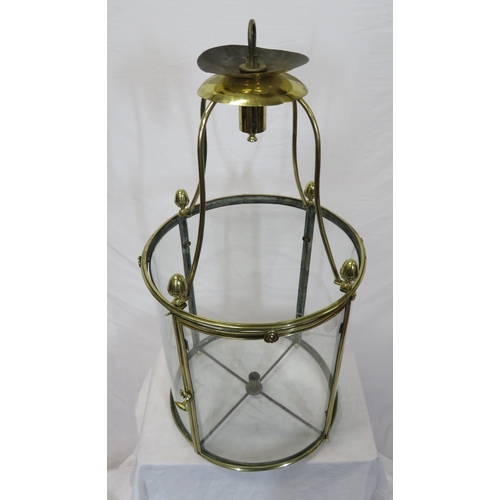 181 - Edwardian style brass round hanging light shade with acorn finials & glass panels