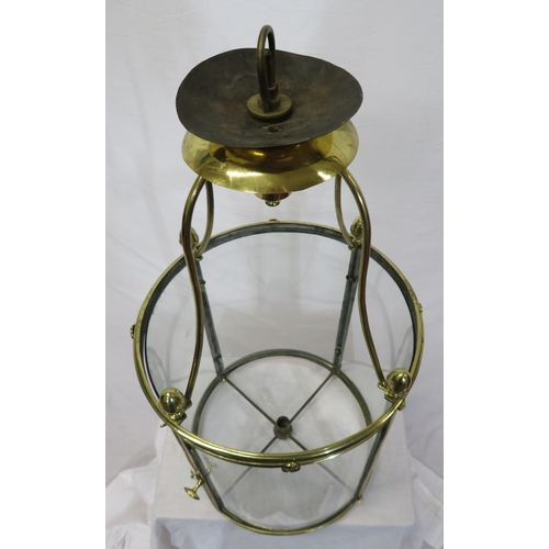 181 - Edwardian style brass round hanging light shade with acorn finials & glass panels