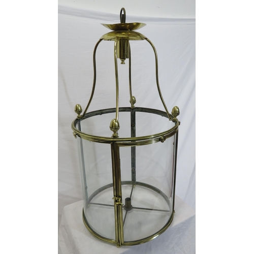 181 - Edwardian style brass round hanging light shade with acorn finials & glass panels