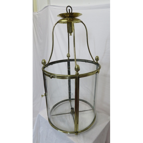 181 - Edwardian style brass round hanging light shade with acorn finials & glass panels