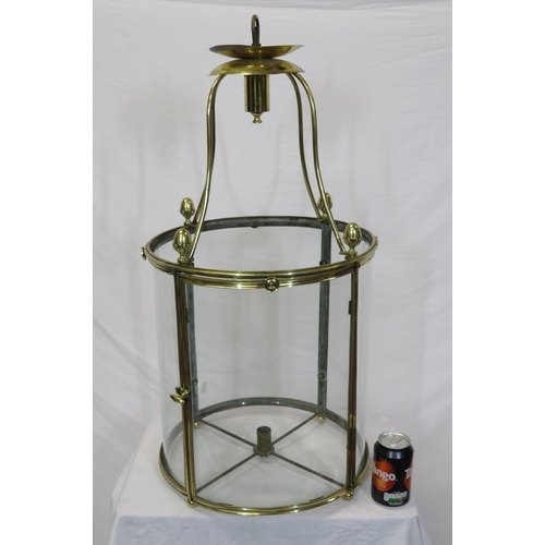 181 - Edwardian style brass round hanging light shade with acorn finials & glass panels