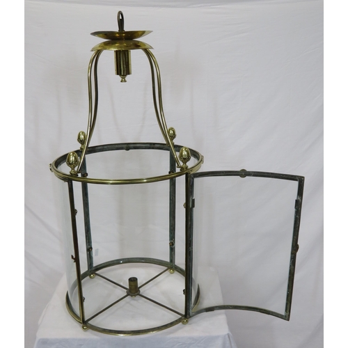 181 - Edwardian style brass round hanging light shade with acorn finials & glass panels