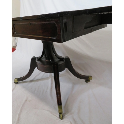 190 - Regency inlaid coromandel sofa table with D-shaped drop leaves, pull-out supports, two frieze drawer... 