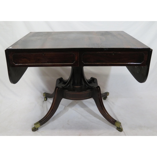 190 - Regency inlaid coromandel sofa table with D-shaped drop leaves, pull-out supports, two frieze drawer... 