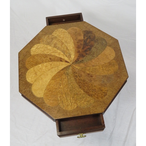 194 - Edwardian inlaid specimen walnut hexagonal occasional table with multi-timber inlaid panels, drawer ... 