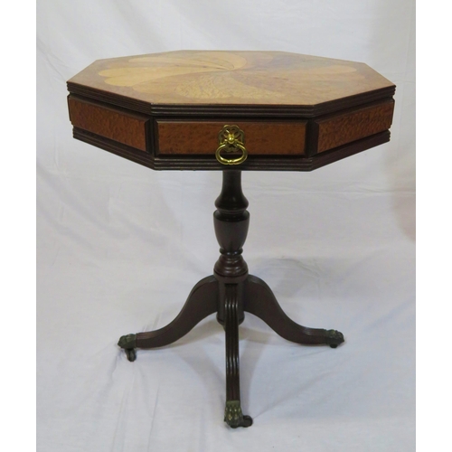 194 - Edwardian inlaid specimen walnut hexagonal occasional table with multi-timber inlaid panels, drawer ... 