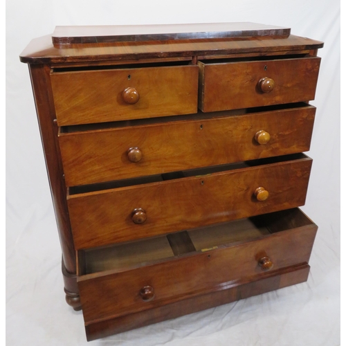 195 - Victorian mahogany chest of two short & three long drawers, with sarcophagus shaped top, bun handles... 