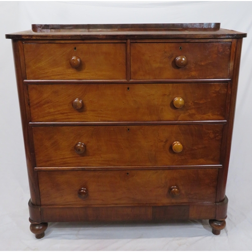 195 - Victorian mahogany chest of two short & three long drawers, with sarcophagus shaped top, bun handles... 