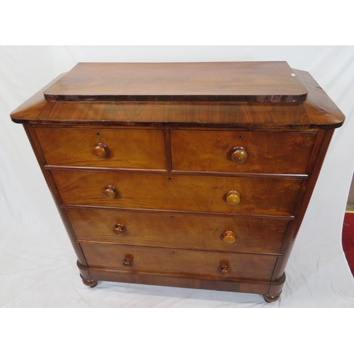 195 - Victorian mahogany chest of two short & three long drawers, with sarcophagus shaped top, bun handles... 