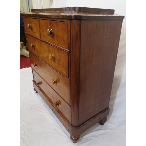 195 - Victorian mahogany chest of two short & three long drawers, with sarcophagus shaped top, bun handles... 