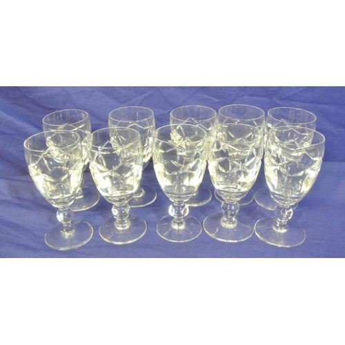 198 - Set of ten Waterford Crystal sherry glasses with diamond decoration, knop stems & round bases